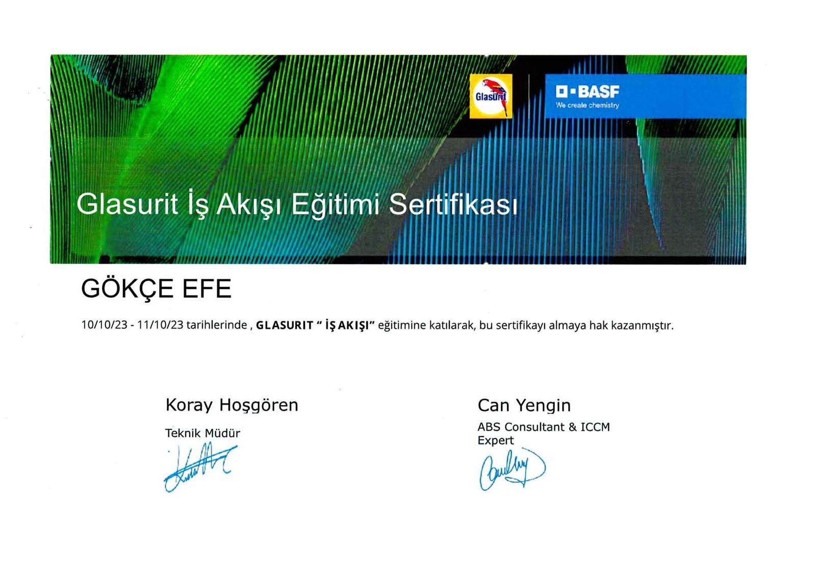 glasurit egitim sertifikasi gokce efe gokmer ankara